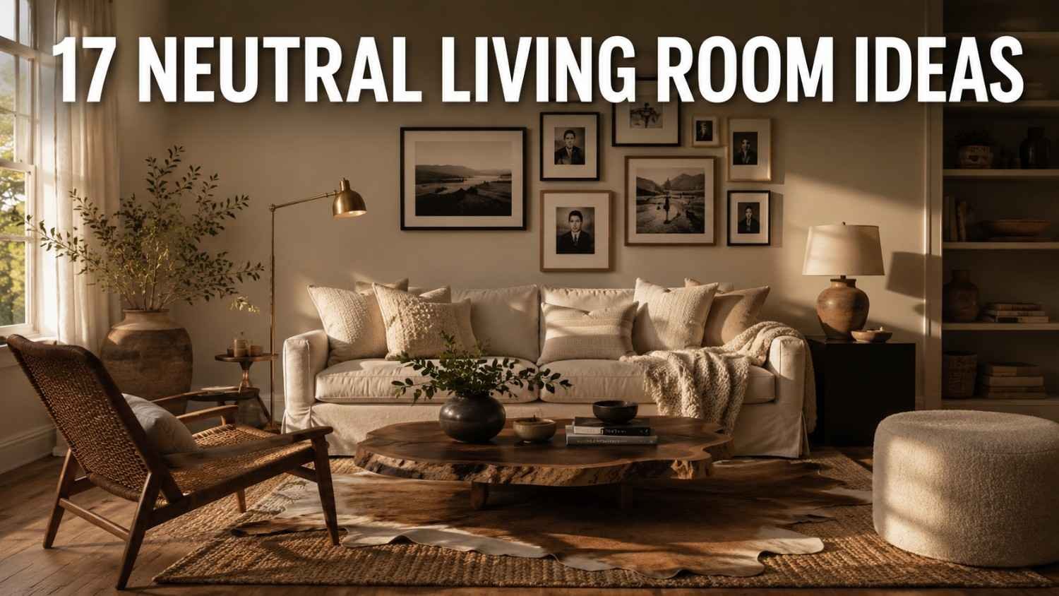 Warm greige living room with walnut coffee table, linen sofa, and rattan chair — neutral living room ideas.
