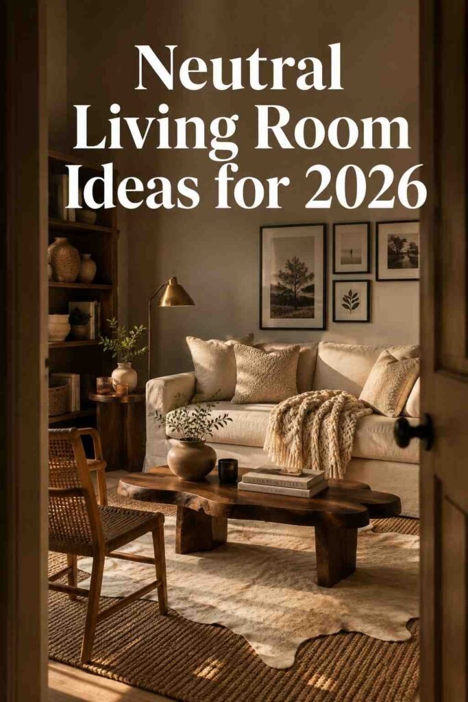 Magical 17 Neutral Living Room Ideas to Create a Warm, Timeless Space in 2026 5 Living room framed through a doorway showing warm greige walls and walnut furniture.