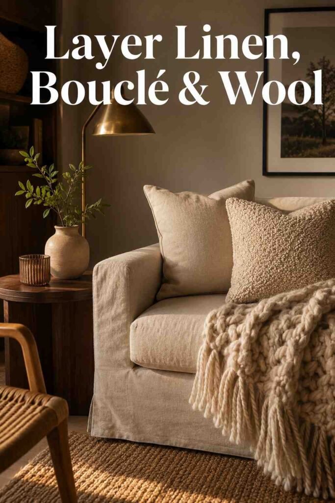 Magical 17 Neutral Living Room Ideas to Create a Warm, Timeless Space in 2026 3 Sofa and side table vignette with linen, bouclé, and wool textures in a neutral living room.