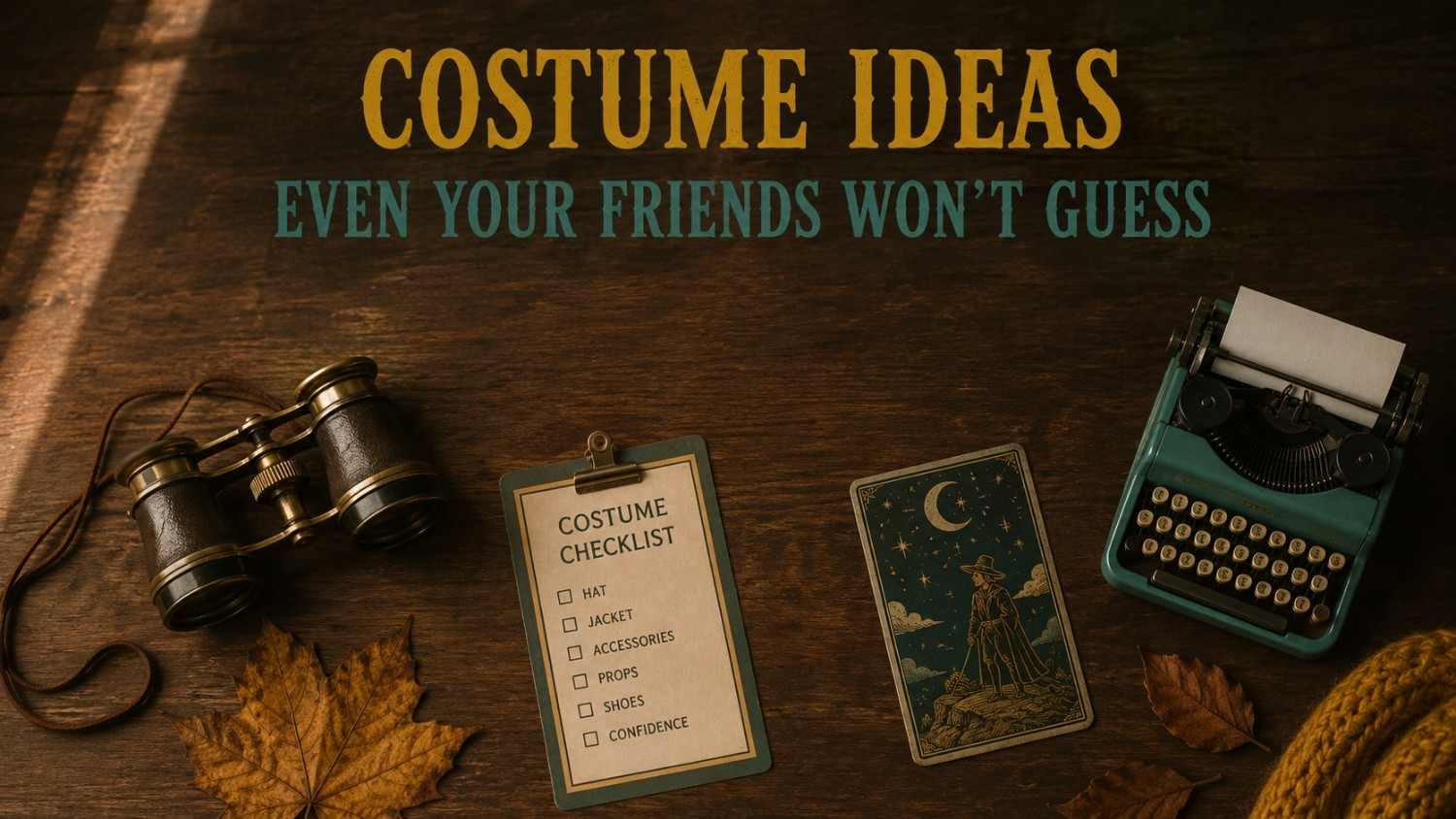 Flatlay of niche Halloween costume props including binoculars, a tarot card, and a typewriter on a wood surface.