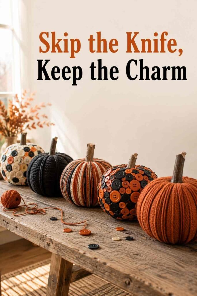 Yarn-wrapped and button-covered foam pumpkins lined up on a wood table edge.