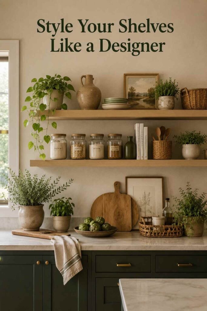 Trending and Cute Kitchen Decor Ideas to Refresh Your Space in 2026 2 Open oak kitchen shelves styled with ceramic canisters, woven baskets, and a small potted herb