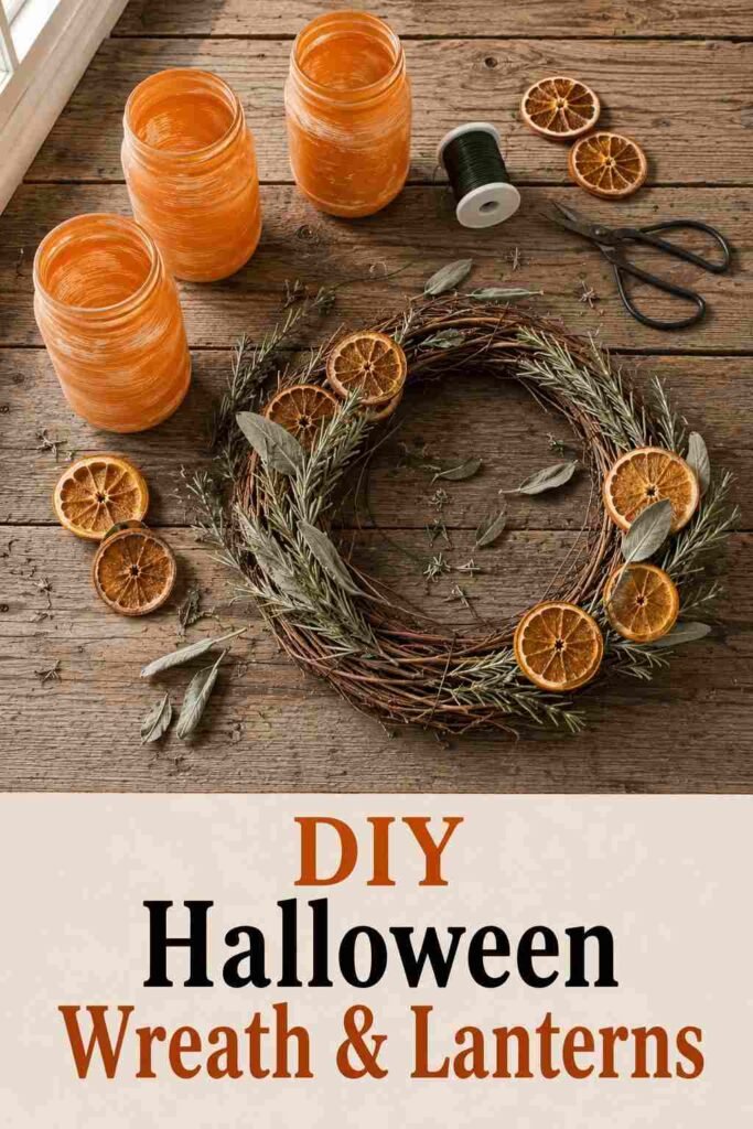 Frosted mason jar lanterns and a dried herb wreath base laid out on a wood table.