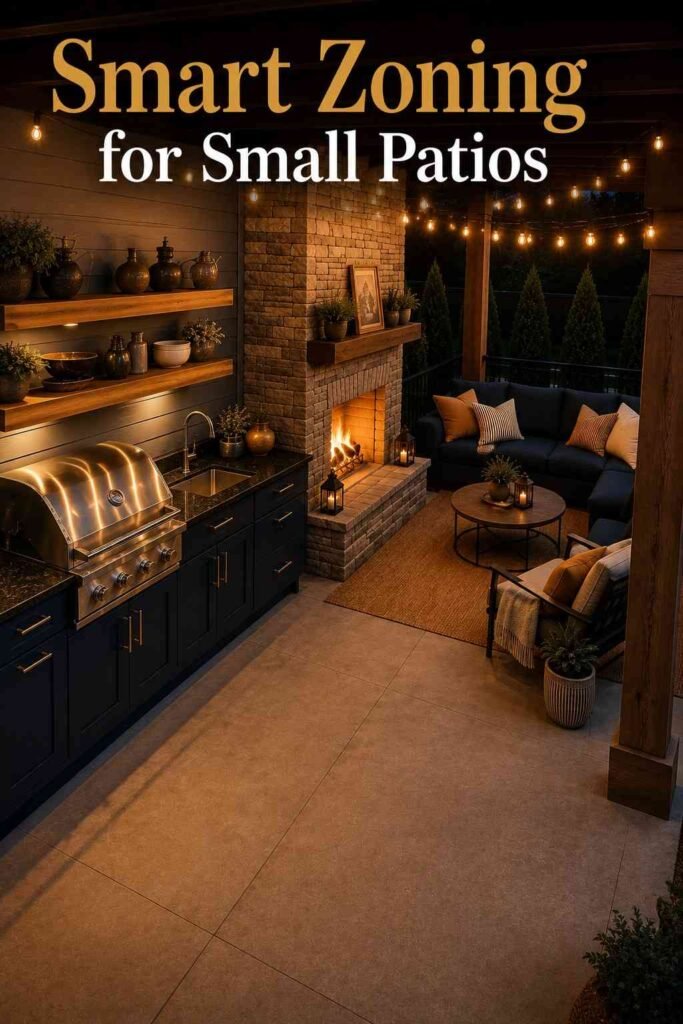 Cozy 25 Covered Outdoor Kitchen with Fireplace and Seating Area Ideas for Every Backyard Style 6 Elevated angle of a covered patio showing the grill, fireplace, and seating zones in one continuous layout.