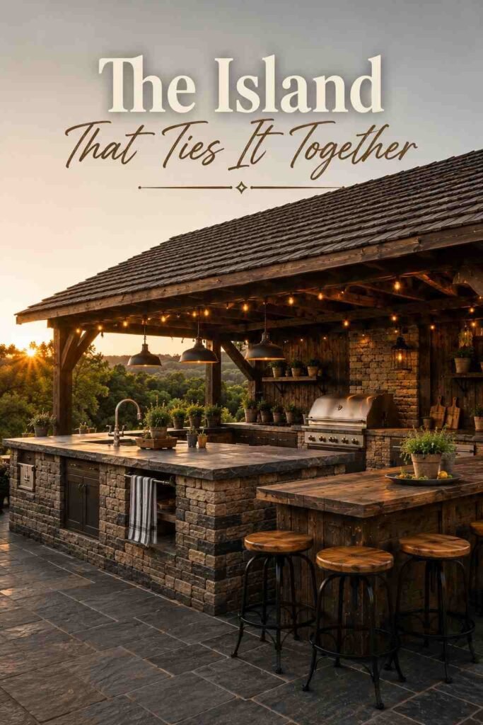 Elegant 24 Rustic Covered Outdoor Kitchen Ideas for a Warm, Weatherproof Backyard Retreat 4 Stone-front kitchen island with soapstone counter and bar stools in a covered outdoor kitchen.