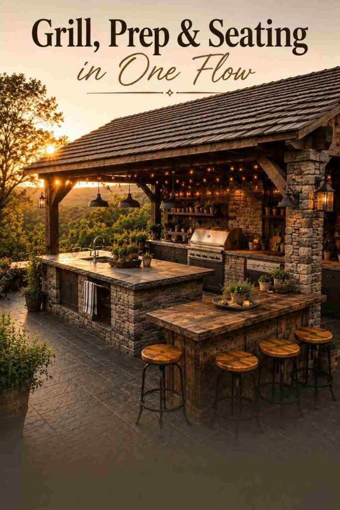 Elegant 24 Rustic Covered Outdoor Kitchen Ideas for a Warm, Weatherproof Backyard Retreat 5 Elevated view showing the grill, prep counter, and seating layout of a covered outdoor kitchen.