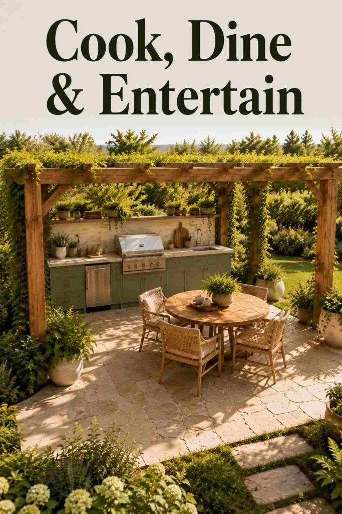 Elevated view showing the layout of a compact pergola kitchen, dining area, and patio walkway.