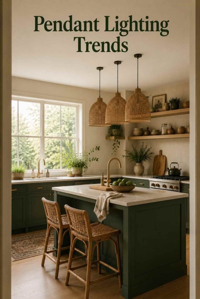 Trending and Cute Kitchen Decor Ideas to Refresh Your Space in 2026 3 Kitchen island lit by a cluster of rattan pendant lights beneath a large window.