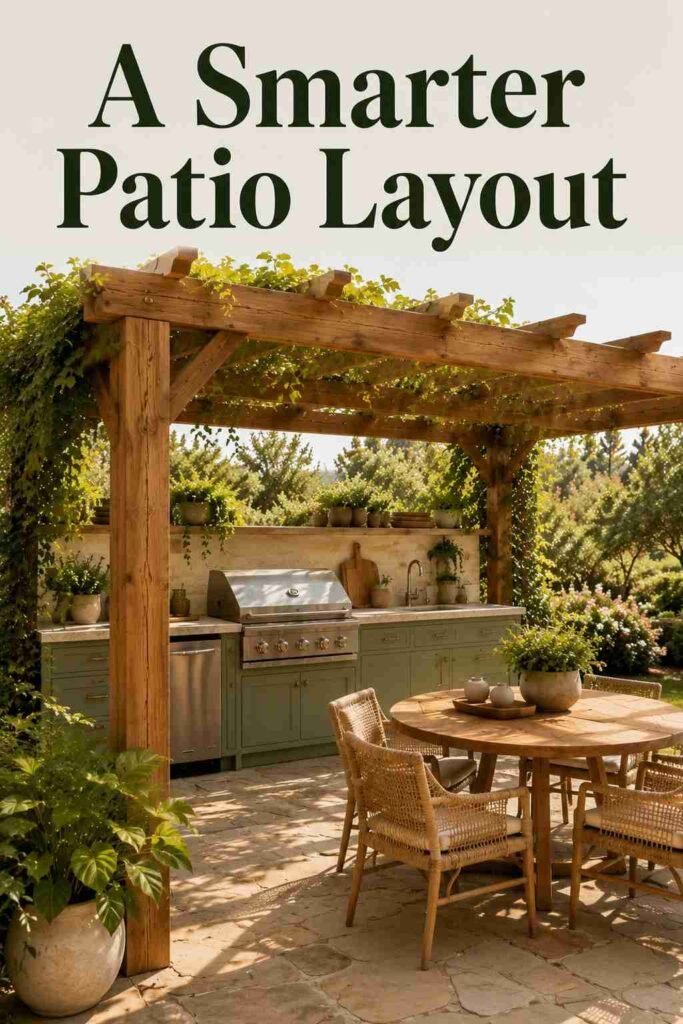 Three-quarter view of a sage green patio kitchen beneath a natural wood pergola.