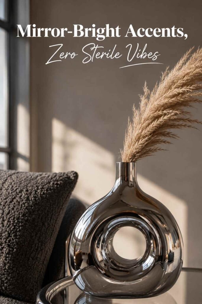 Close-up of a polished chrome vase reflecting warm window light next to a charcoal bouclé cushion.