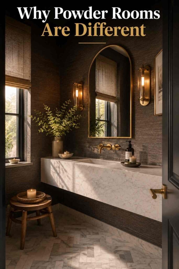 Corner view of charcoal grasscloth powder room with herringbone marble floor tile.