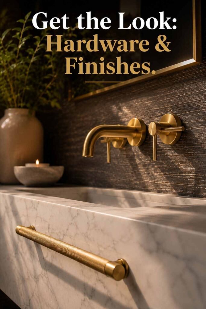 Close-up of brushed brass faucet on white marble — powder room hardware ideas.