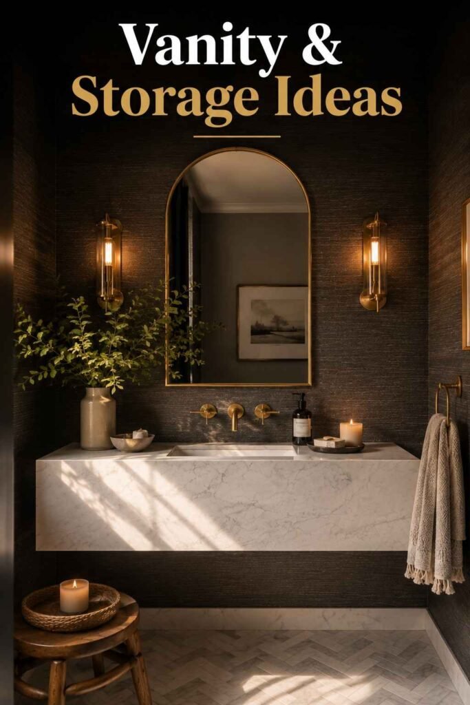 Floating marble vanity with brass sconces and mirror — powder room vanity ideas.