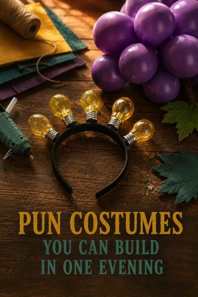 DIY lightbulb headband and purple balloon props for a pun-based Halloween costume.