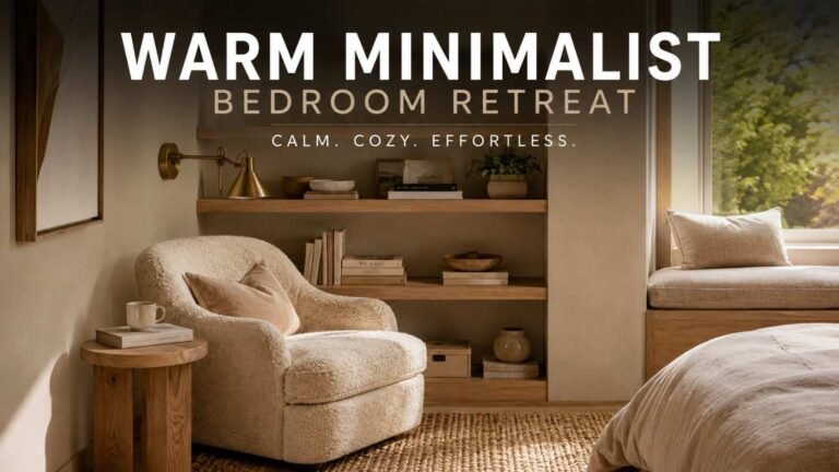 Warm minimalist bedroom reading nook with oak shelving and boucle armchair — cozy reading nook bedroom idea