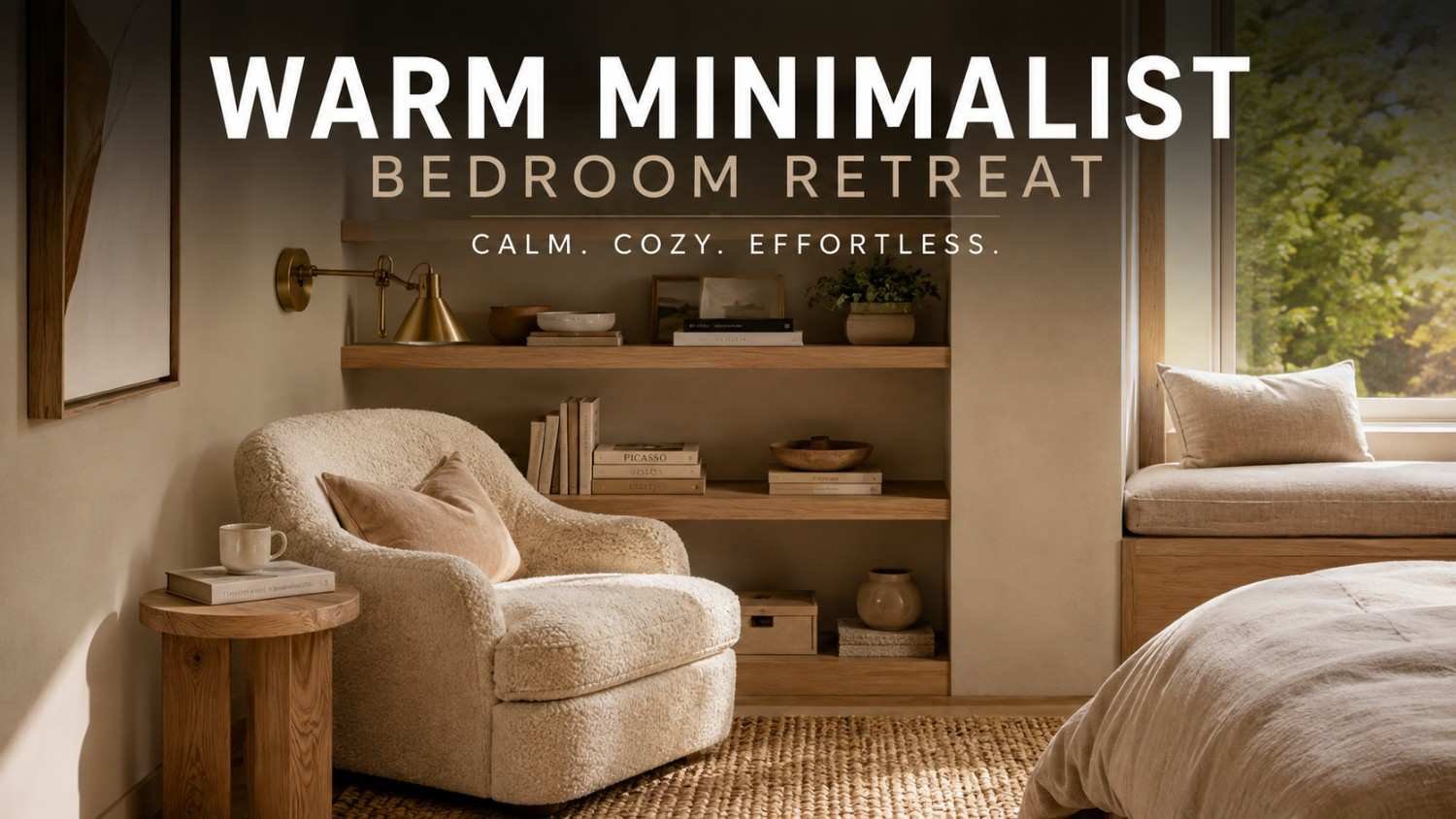 Warm minimalist bedroom reading nook with oak shelving and boucle armchair — cozy reading nook bedroom idea