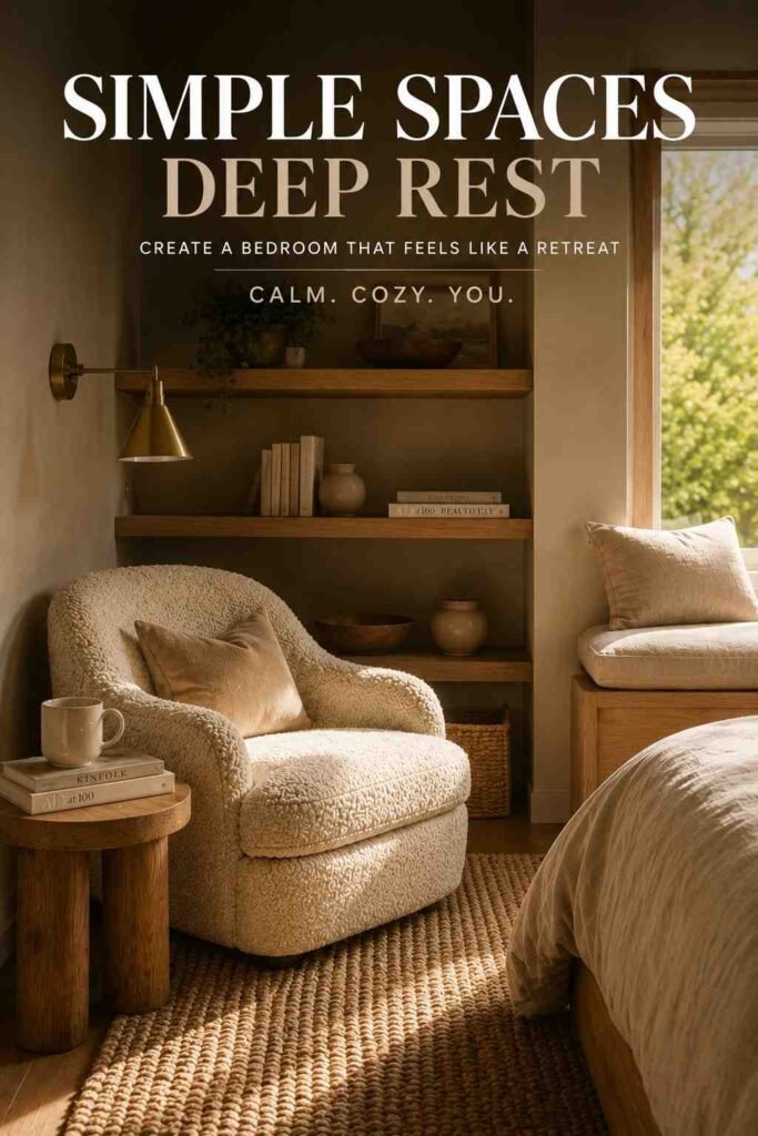Stunning 30 Reading Nook Bedroom Ideas for a Cozy, Stylish Retreat 3 Boucle armchair beside an oak side table styled with books, a reading nook bedroom idea vignette."