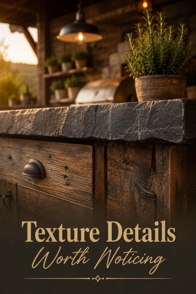 Elegant 24 Rustic Covered Outdoor Kitchen Ideas for a Warm, Weatherproof Backyard Retreat 7 Close-up of a soapstone countertop edge against reclaimed wood cabinetry with a potted herb.