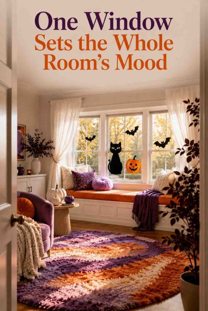 Elevated 24 Halloween Window Clings and Decals Ideas to Transform Every Window This Fall 6 Doorway view of a living room with a Halloween-styled window nook visible across the space.