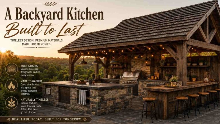 Rustic covered outdoor kitchen with a cedar-shake timber roof, stone island, and slate flooring at golden hour.