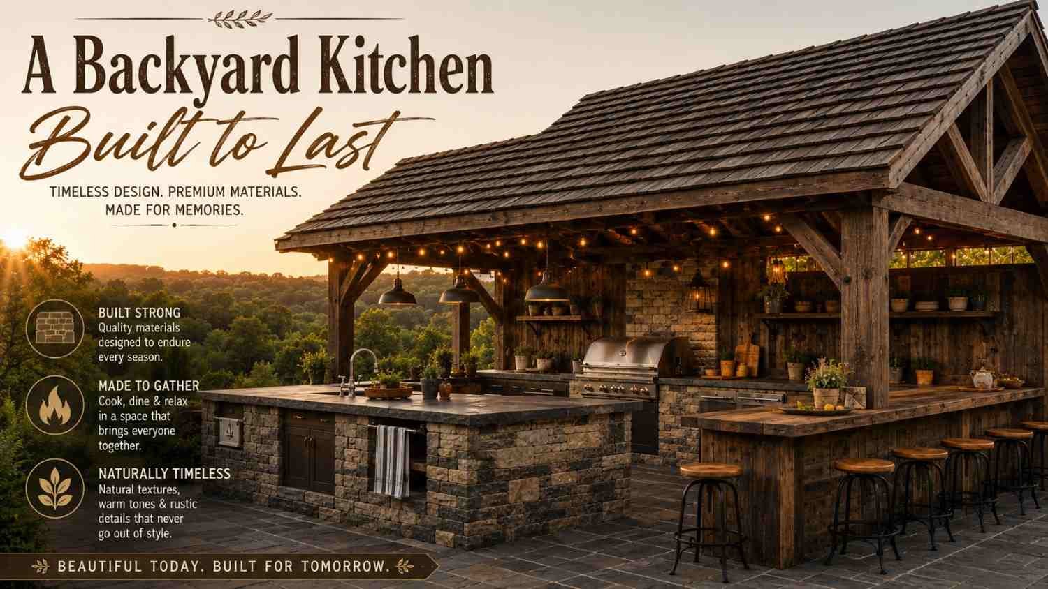 Rustic covered outdoor kitchen with a cedar-shake timber roof, stone island, and slate flooring at golden hour.