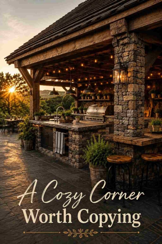 Elegant 24 Rustic Covered Outdoor Kitchen Ideas for a Warm, Weatherproof Backyard Retreat 3 Corner view of a stone pillar and timber roofline in a rustic outdoor kitchen.