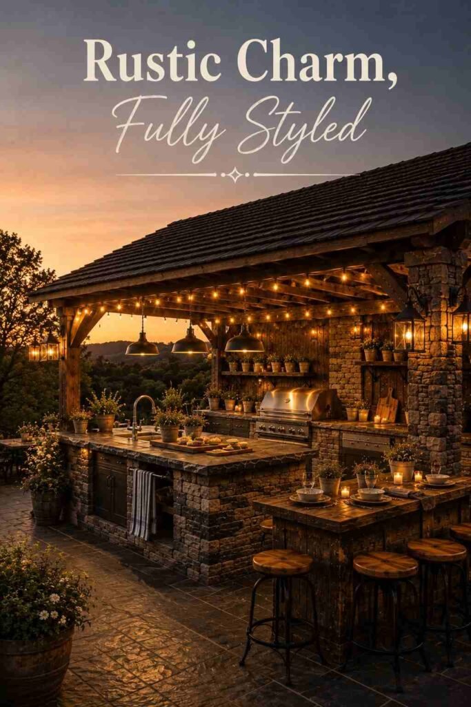 Elegant 24 Rustic Covered Outdoor Kitchen Ideas for a Warm, Weatherproof Backyard Retreat 6 Fully styled rustic outdoor kitchen with glowing string lights at dusk.