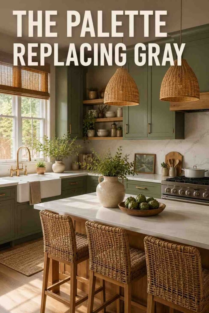 Refreshing 25 Sage Green Kitchen Ideas for 2026: The Complete Design and Paint Guide 2 Corner view of sage green cabinetry and oak open shelving in a sage green kitchen idea.