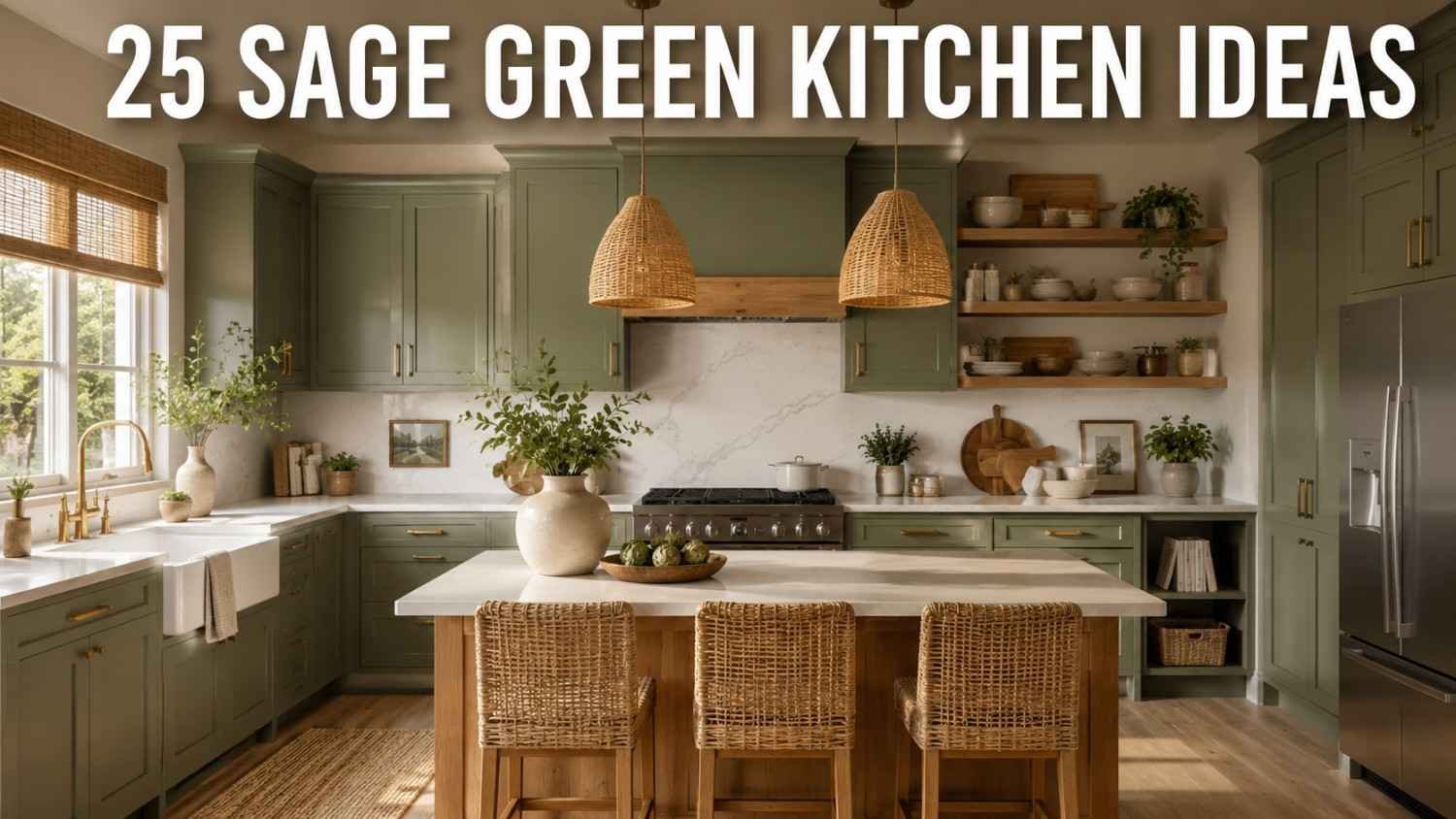 Sage green shaker kitchen with brass hardware and oak shelving — a warm sage green kitchen idea.