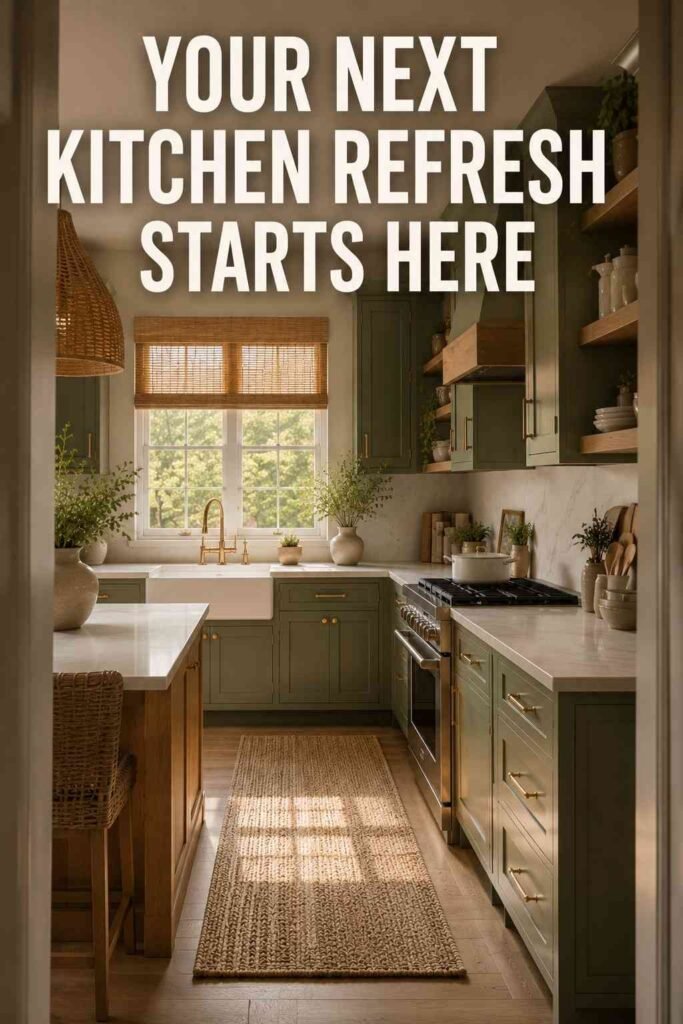 Refreshing 25 Sage Green Kitchen Ideas for 2026: The Complete Design and Paint Guide 5 Sage green kitchen framed through a doorway, full room view, sage green kitchen idea.
