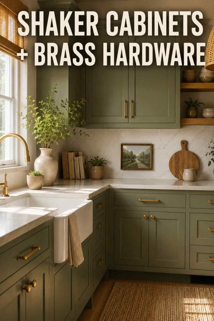 Refreshing 25 Sage Green Kitchen Ideas for 2026: The Complete Design and Paint Guide 3 Styled sage green shaker cabinets with brass pulls, a classic sage green kitchen idea.