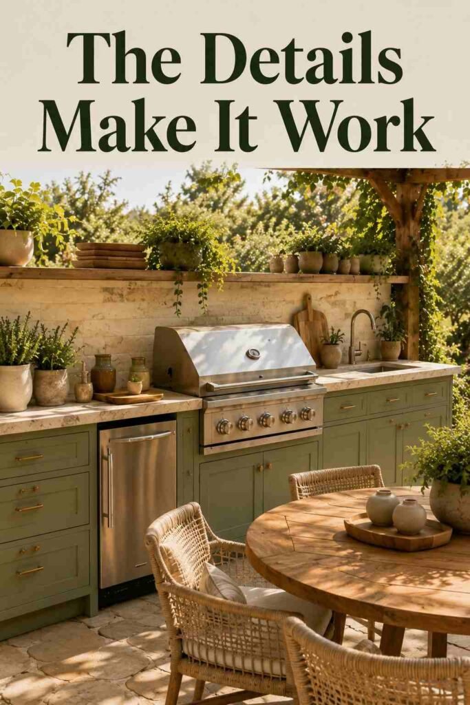 Styled sage green outdoor kitchen with grill, sink, stone counter, and natural wood pergola.