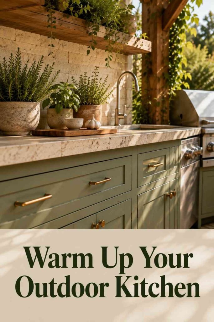 Close-up of sage cabinetry, natural stone counter, wood pergola, and ceramic herb planters.