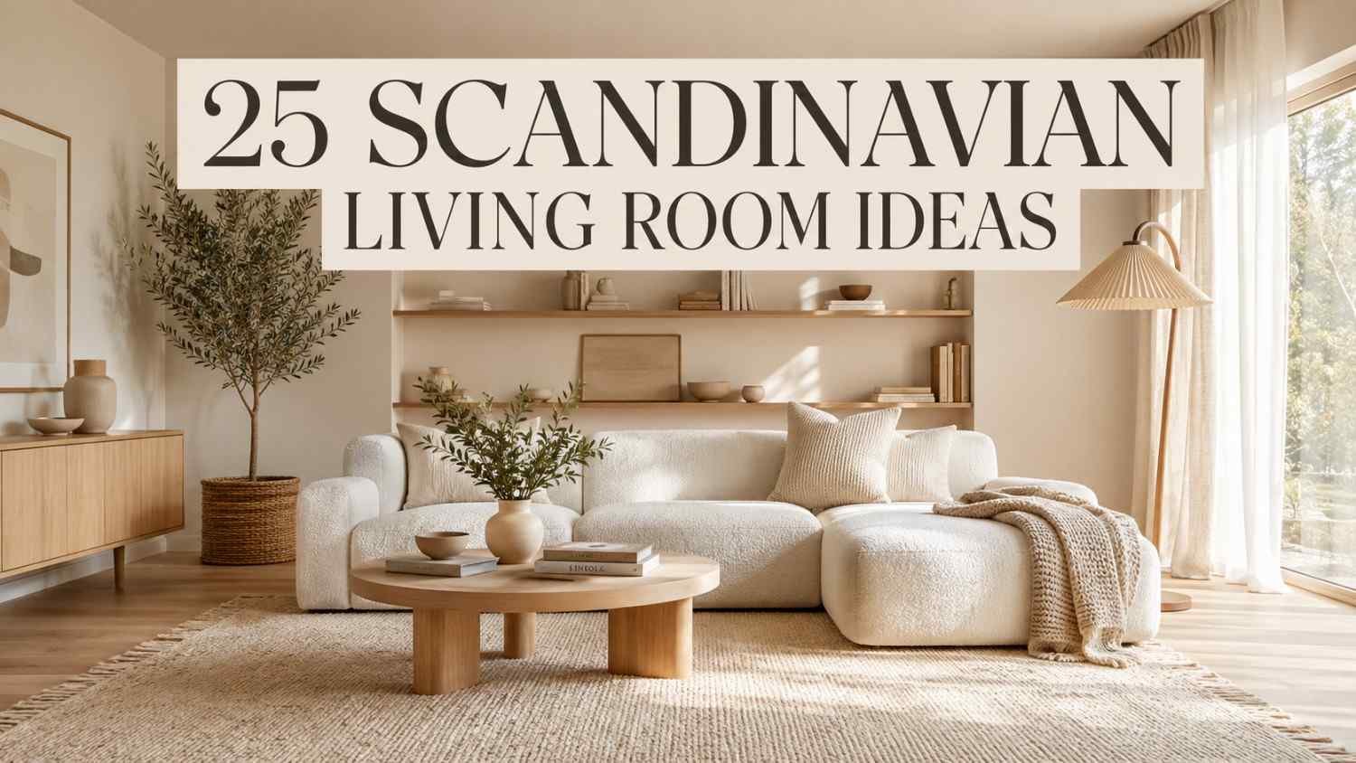 Warm white and light oak Scandinavian living room with bouclé sofa and layered wool rug — bright living room idea.