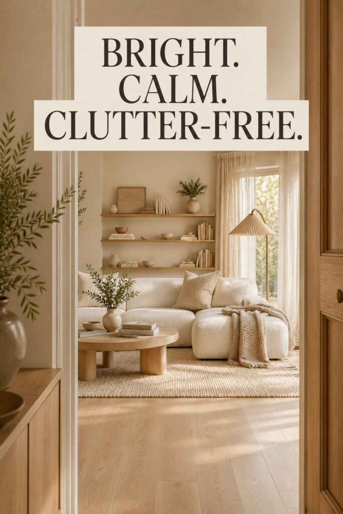 Vibrant 25 Scandinavian Living Room Ideas for a Bright, Cozy Home in 2026 5 Scandinavian living room framed through a doorway with oak floors and warm white walls — calm room idea.
