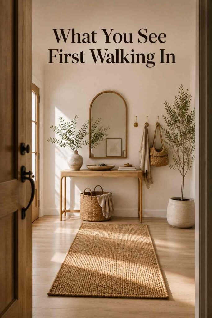 View from the front door looking into a small styled entryway nook with a console table and mirror.
