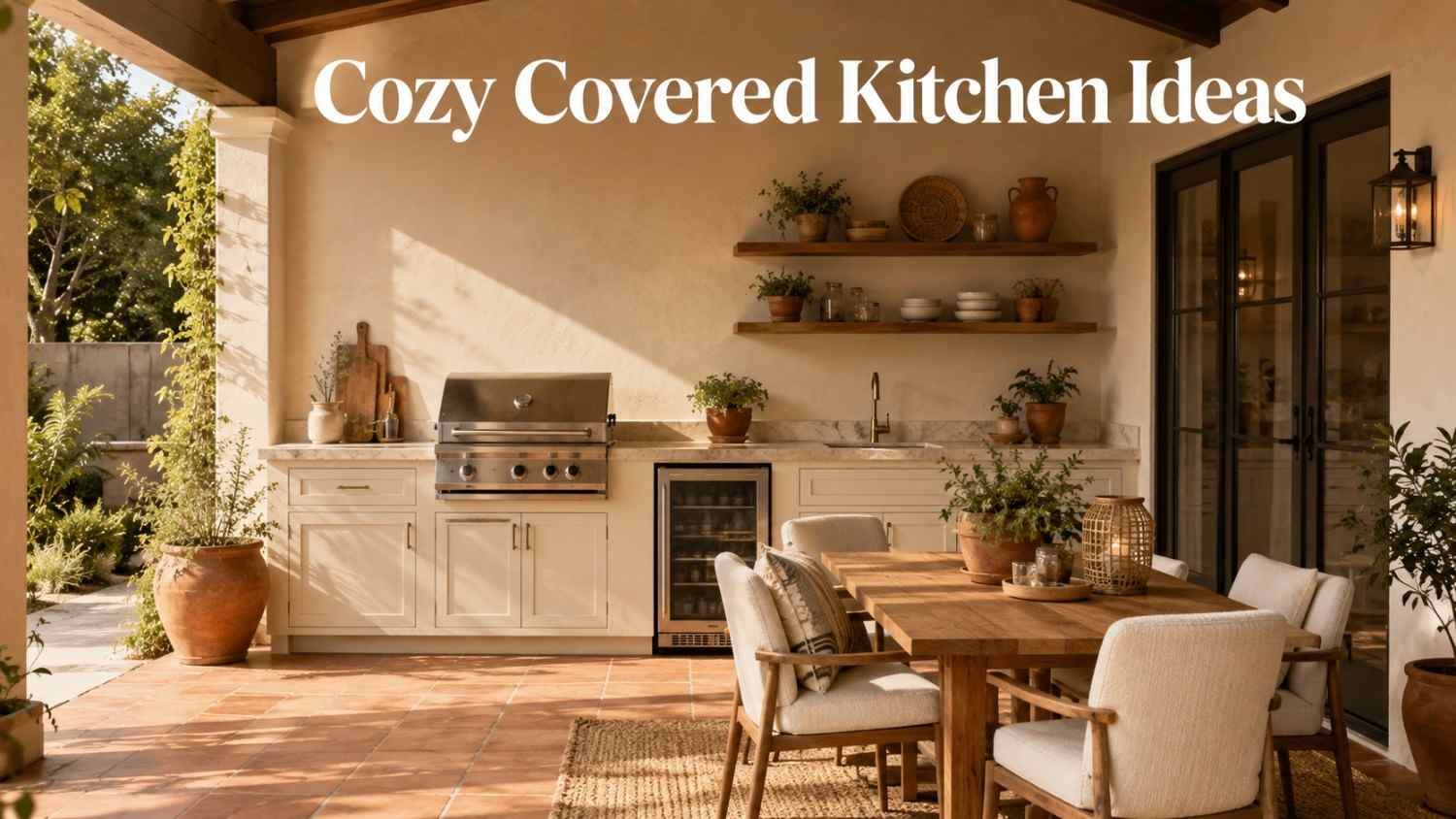 Small covered patio kitchen with cream cabinets, terracotta tile, grill, and dining area.