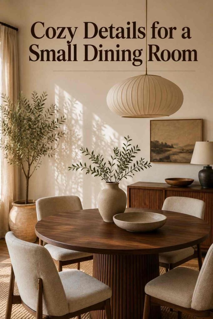 Close vignette of a small dining room table set with ceramic centerpiece under a sculptural pendant light.