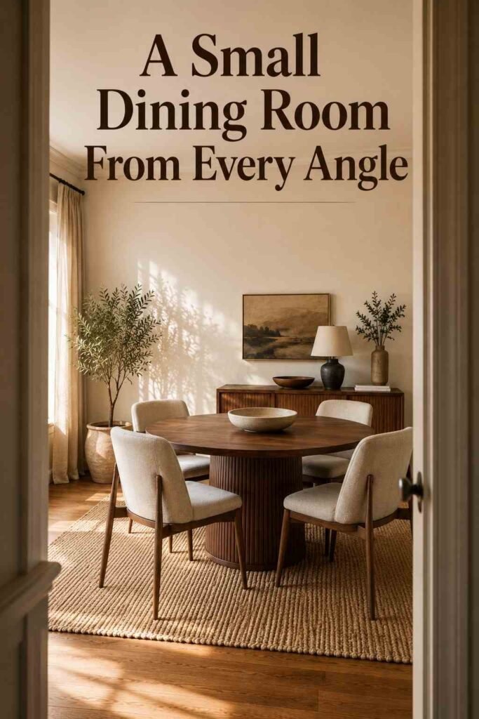 Small dining room viewed from across the space, showing walnut furniture and soft linen curtains in natural light.
