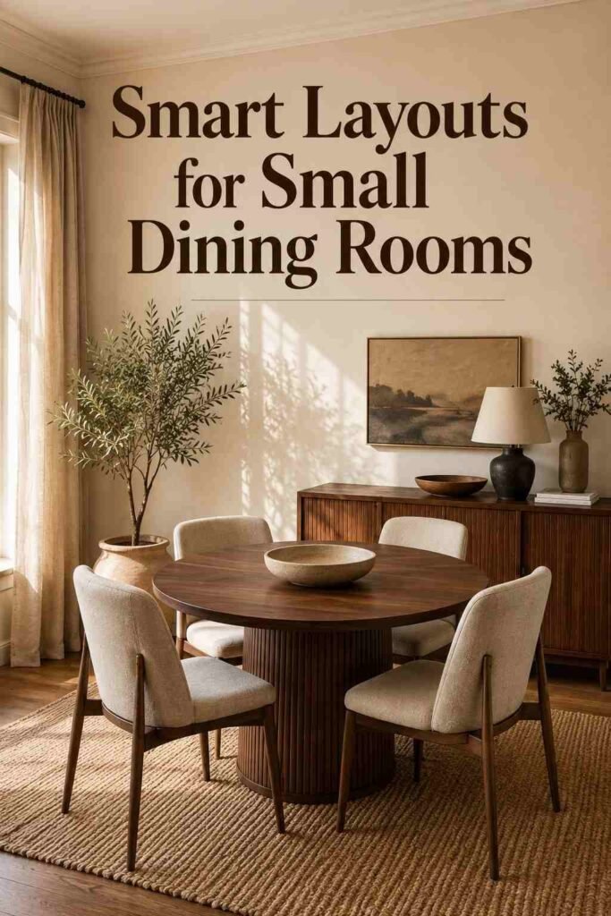 Corner view of a small dining room showing walnut table, sideboard and woven rug fitted into a compact layout.
