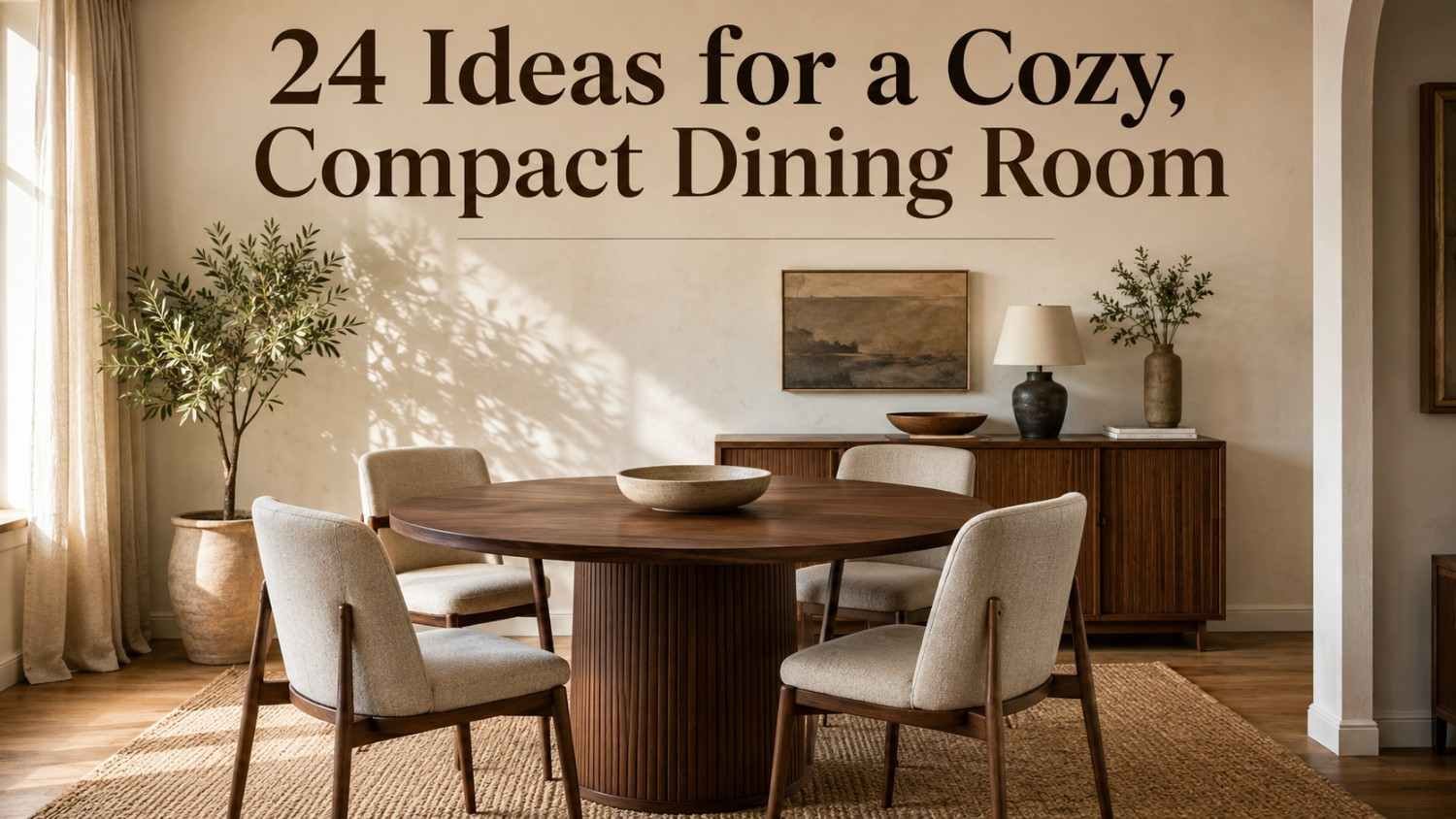 Warm minimalist small dining room with round walnut table and oatmeal chairs in morning light — small dining room idea.