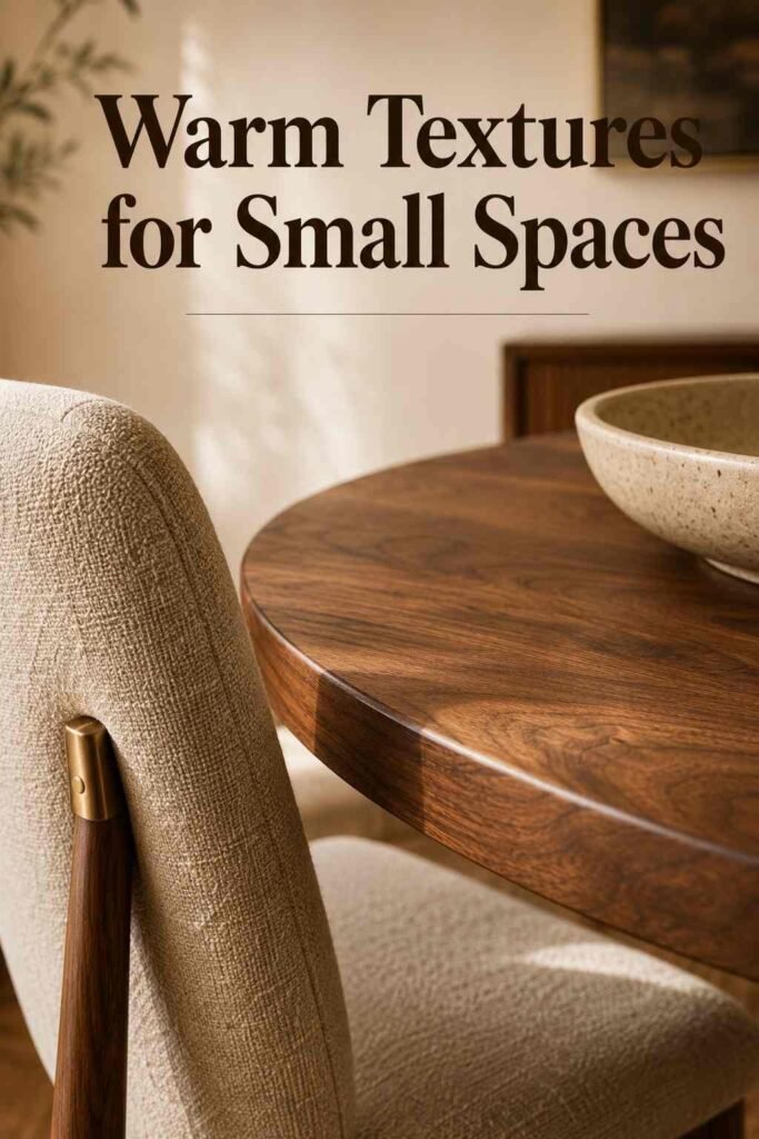 Detail shot of walnut wood grain, linen chair upholstery and brass accents in a small dining room.