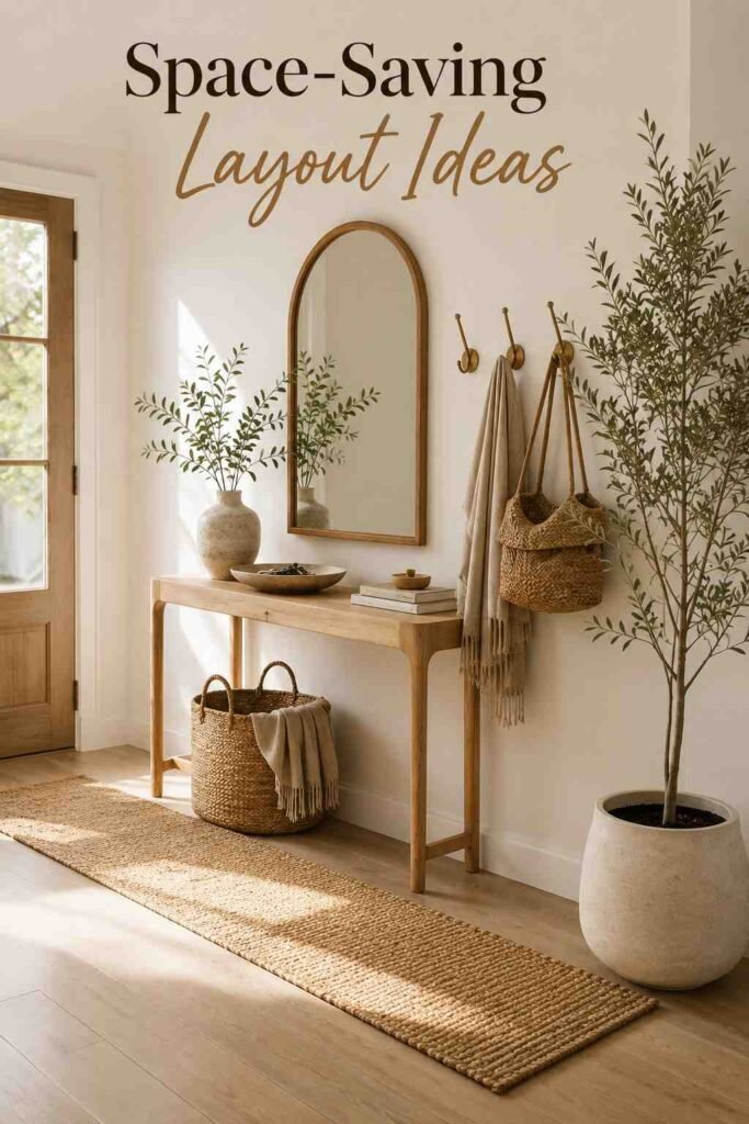 Three-quarter angle view of a small entryway corner with a console table and mirror fitted into the wall junction.