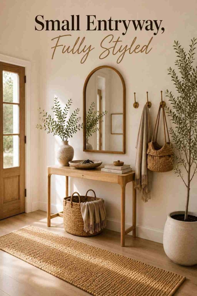 Fully styled small entryway with a console table, arched mirror, wall hooks, and layered natural textures.