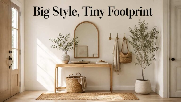 Small entryway with a slim oak console table, arched mirror, brass wall hooks, and a jute runner in a warm neutral palette.