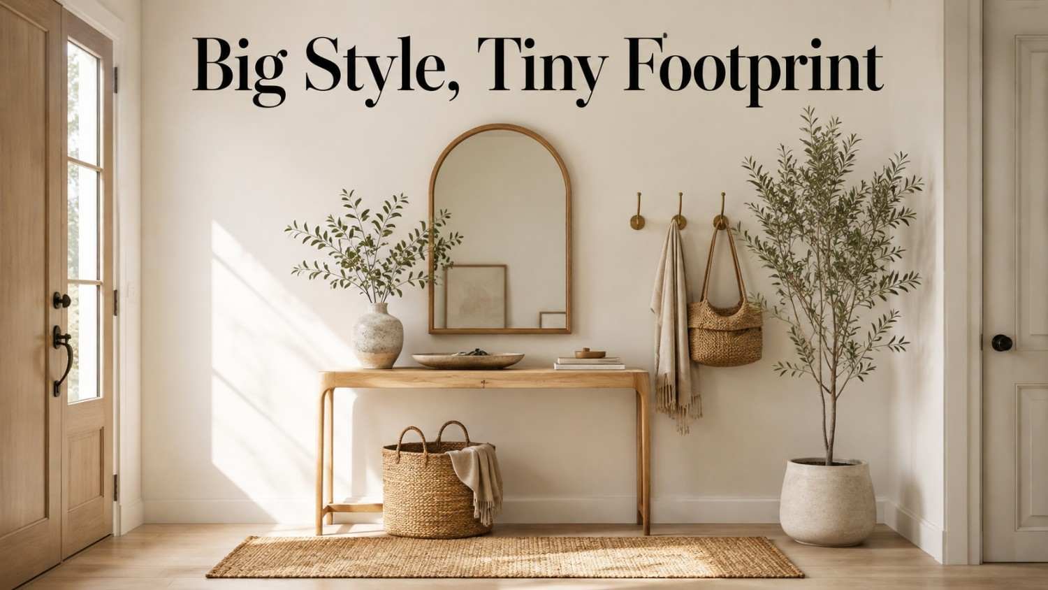 Small entryway with a slim oak console table, arched mirror, brass wall hooks, and a jute runner in a warm neutral palette.