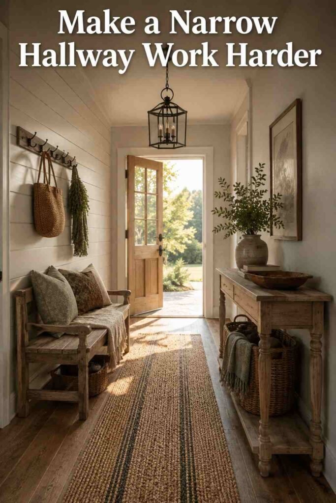 Corner view of a farmhouse entryway showing a wood bench and console table along opposite walls