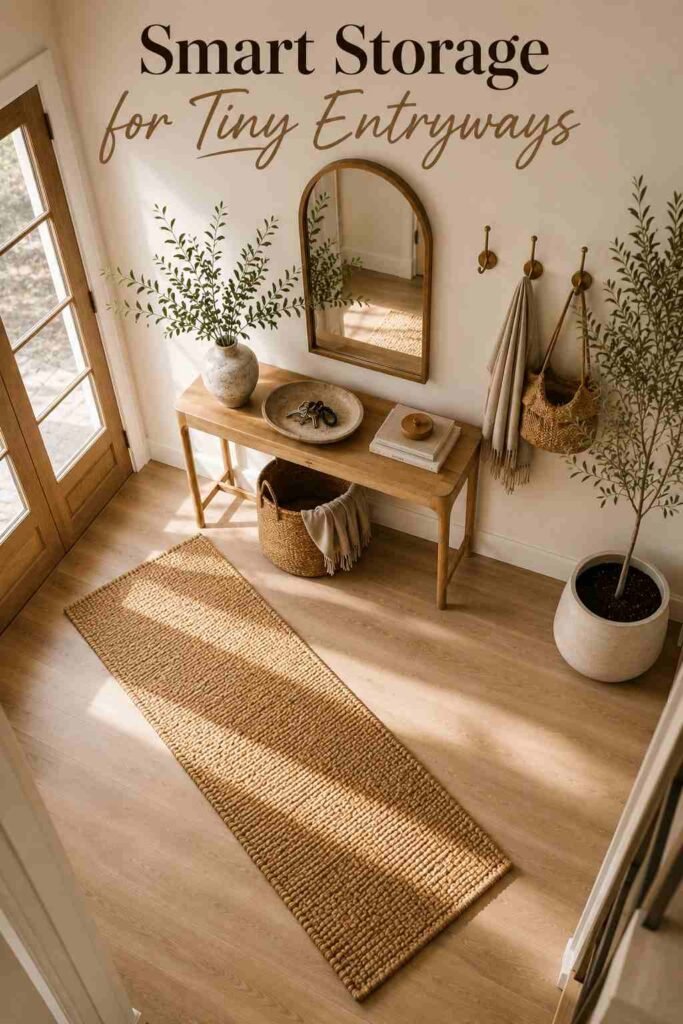 High-angle view of a small entryway showing wall hooks, a storage basket, and a console table arranged for daily use.