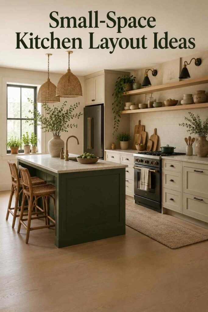 Trending and Cute Kitchen Decor Ideas to Refresh Your Space in 2026 7 Corner view of a kitchen showing an emerald island and open oak shelving along the wall.