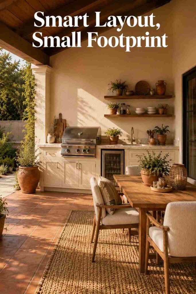Three-quarter view of a compact covered patio kitchen arranged efficiently in a corner.